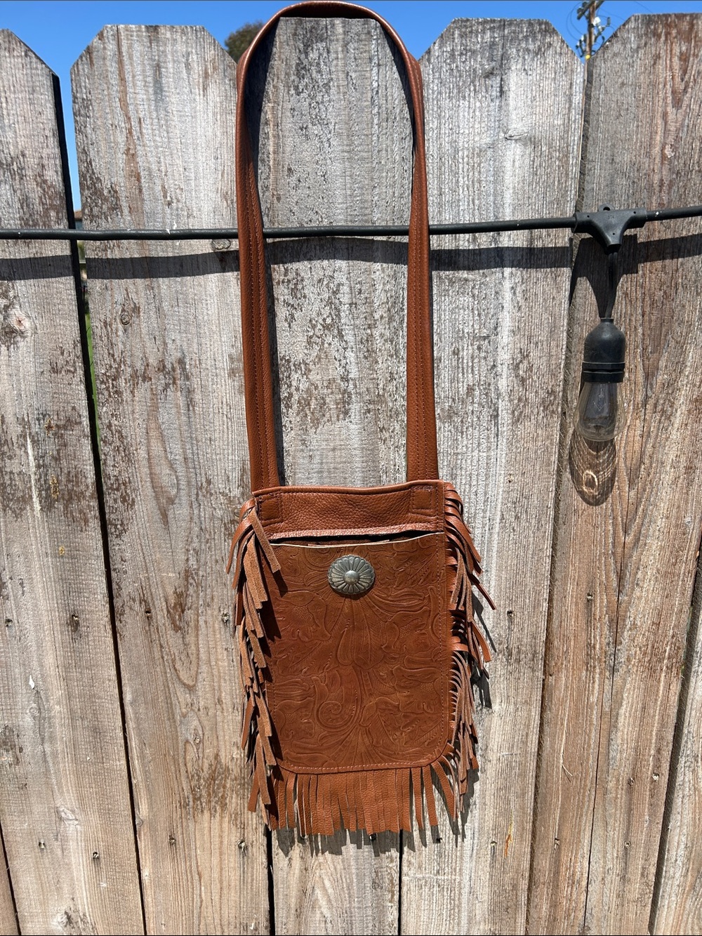 Tooled Fringe Crossbody Bag in Brown
